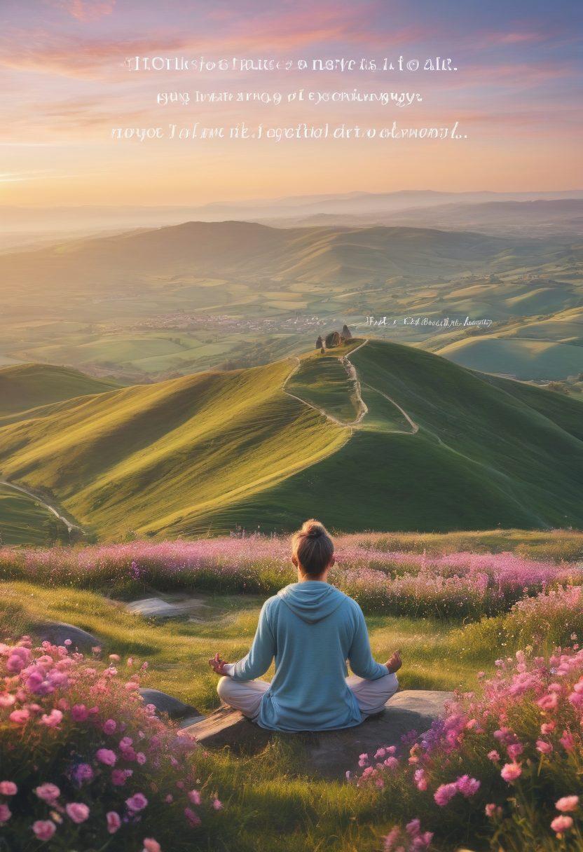 A serene landscape featuring a person meditating on a hilltop during sunrise, with vibrant flowers blooming around them, symbolizing joy. In the background, gentle hills and a clear sky illustrate resilience. An overlay of uplifting quotes about emotional well-being adds depth. pastel colors. soft focus. calming atmosphere.