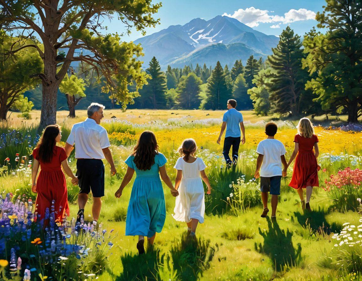 A serene landscape featuring a sunlit meadow bursting with colorful wildflowers, symbolizing joy and positivity. In the foreground, a diverse group of people of different ages and backgrounds engages in joyful activities, such as laughing and sharing. A soft, radiant light filters through the trees, casting a warm glow, embodying the essence of elation. The background includes distant mountains under a clear blue sky to evoke a sense of tranquility and fulfillment. vibrant colors. super-realistic.