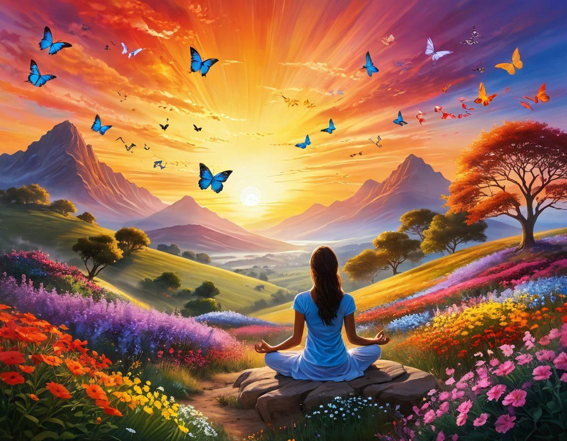 A radiant sunrise illuminating a serene landscape, symbolizing warmth and hope, with a figure meditating on a hilltop, surrounded by vibrant flowers and floating butterflies representing joy and emotional well-being. Include abstract elements like swirling patterns of happiness and calmness in the air. super-realistic. vibrant colors. calming atmosphere.